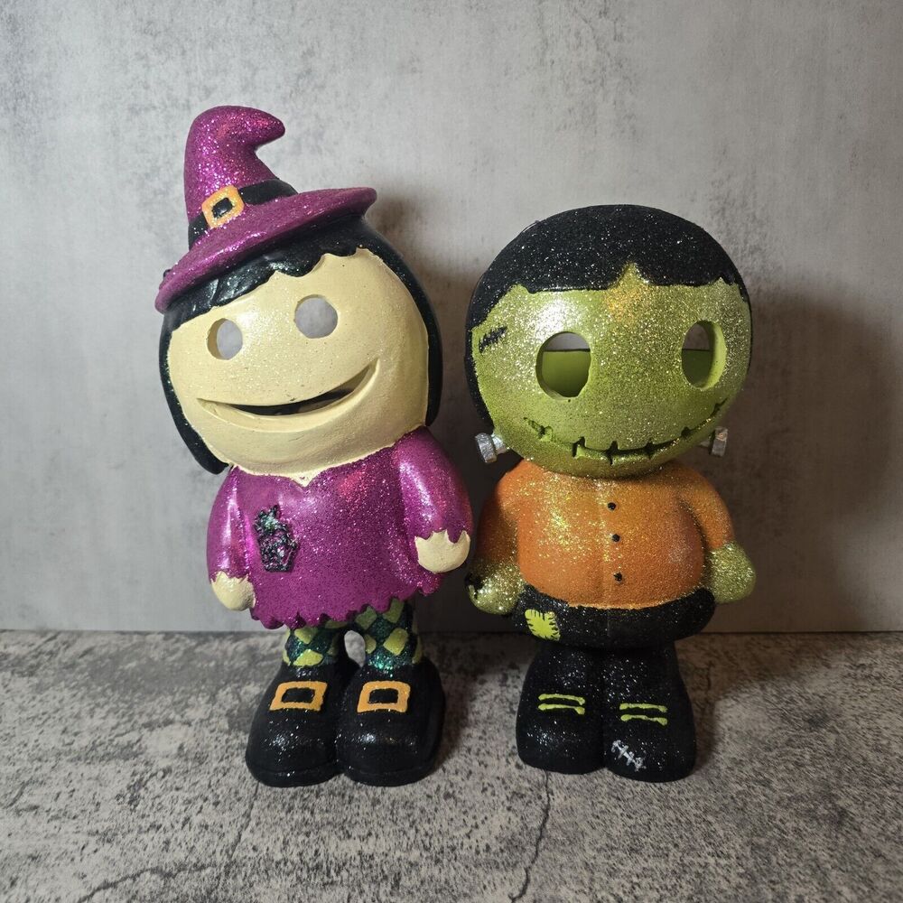 Frankenstein & Witch Bobble Heads  Tealights Glittr Halloween Monster Decor 9"